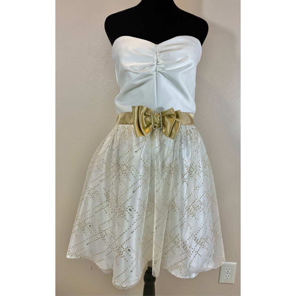Vintage Jessica McClintock for Gunne Sax Gold & Cream Strapless Sweetheart Dress